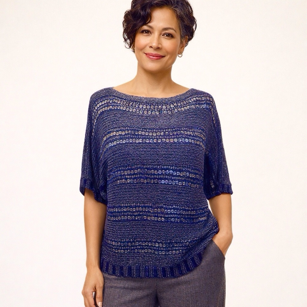 💖 Chico's Blue Knit Short-Sleeved Pullover Sweater, Silver Accents, Size 2 (Lg)